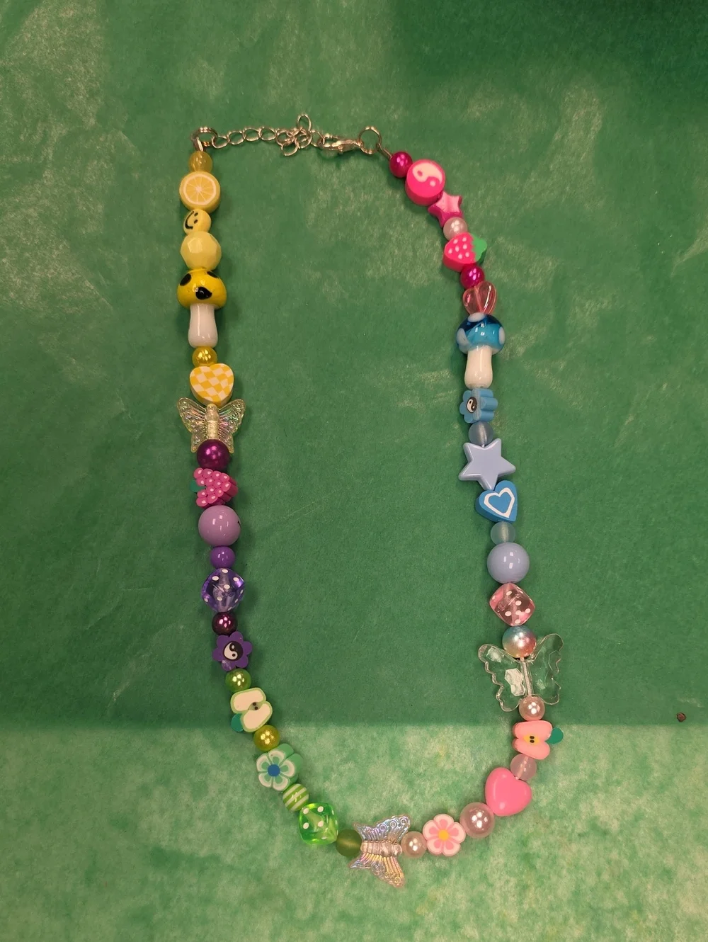 Colorful Kids Beaded Charm Necklace — Multicolor Butterfly & Heart Accents